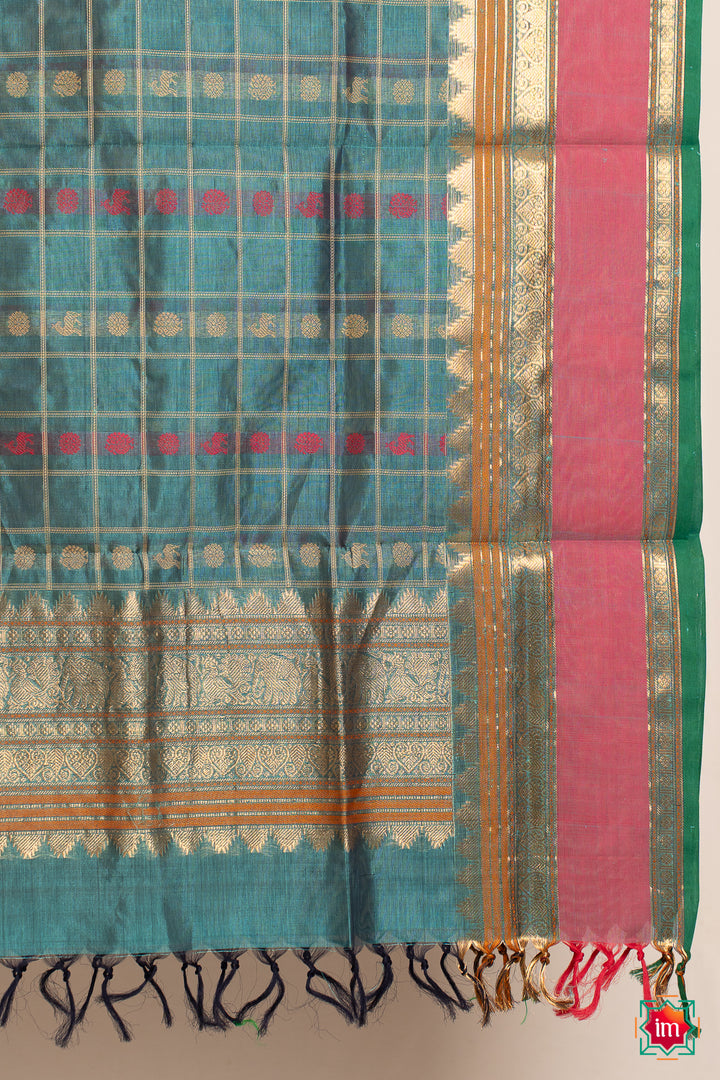 Turquoise-Blue-With-Pink-1000-Butta-Handloom-Kanchi-Silk-Cotton-Dupatta-Nadee-6-The-Indian-Motif