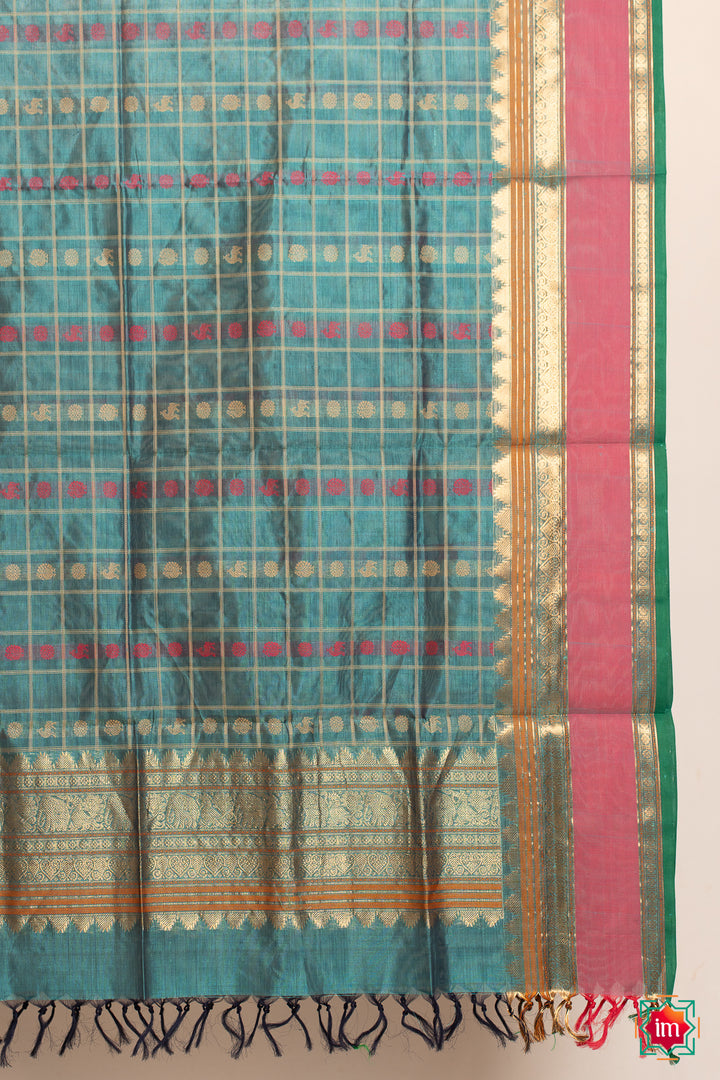 Turquoise-Blue-With-Pink-1000-Butta-Handloom-Kanchi-Silk-Cotton-Dupatta-Nadee-7-The-Indian-Motif