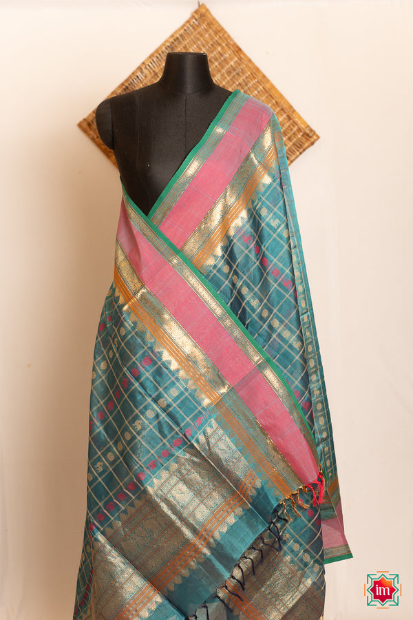 Turquoise-Blue-With-Pink-1000-Butta-Handloom-Kanchi-Silk-Cotton-Dupatta-Nadee-The-Indian-Motif