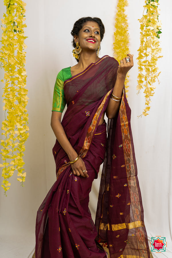 Brown Venkatagiri Cotton Lambani Embroidery Jugalbandhi Saree Feminine Flame
