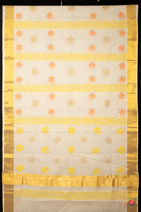 White-Kasavu-Floral-Motif-Zari-Border-Jugalbandhi-Saree-Parijatam-The-Indian-Motif