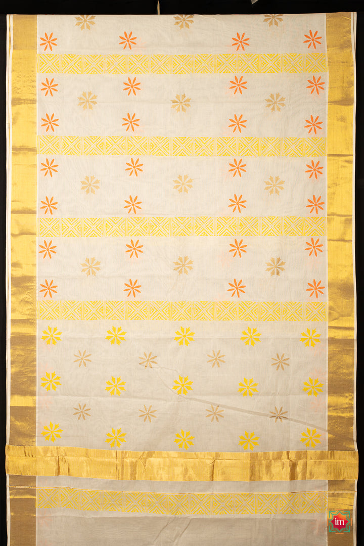 White-Kasavu-Floral-Motif-Zari-Border-Jugalbandhi-Saree-Parijatam-The-Indian-Motif