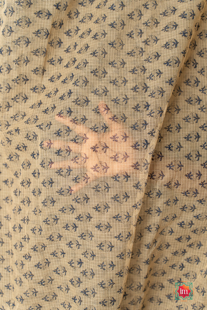 White Blue Floral Handblock Printed Kota Doria Saree Khet-2-The Indian Motif