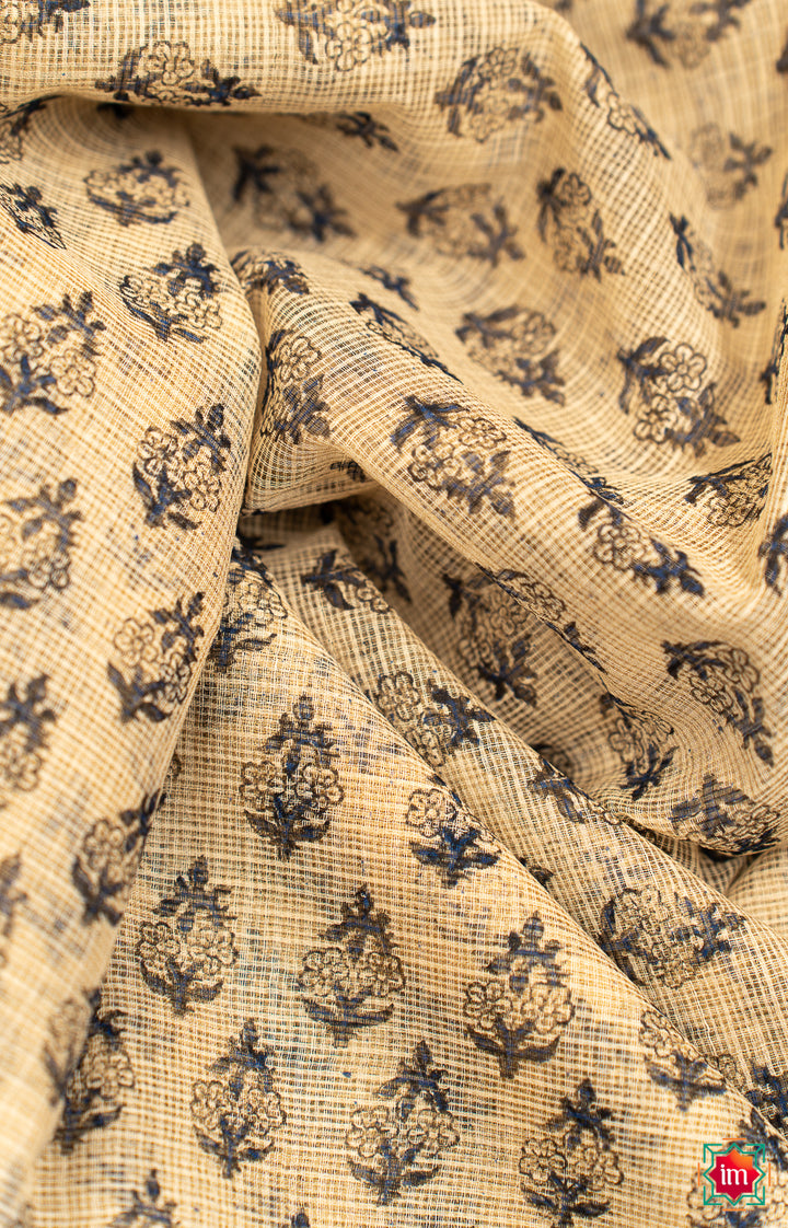 White Blue Floral Handblock Printed Kota Doria Saree Khet-1-The Indian Motif