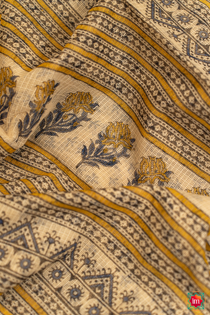 White Blue Floral Handblock Printed Kota Doria Saree Khet-3-The Indian Motif