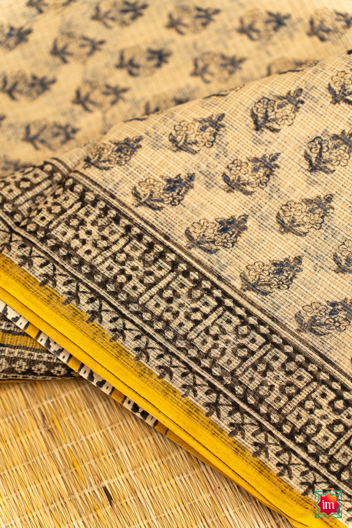 White Blue Floral Handblock Printed Kota Doria Saree Khet-4-The Indian Motif