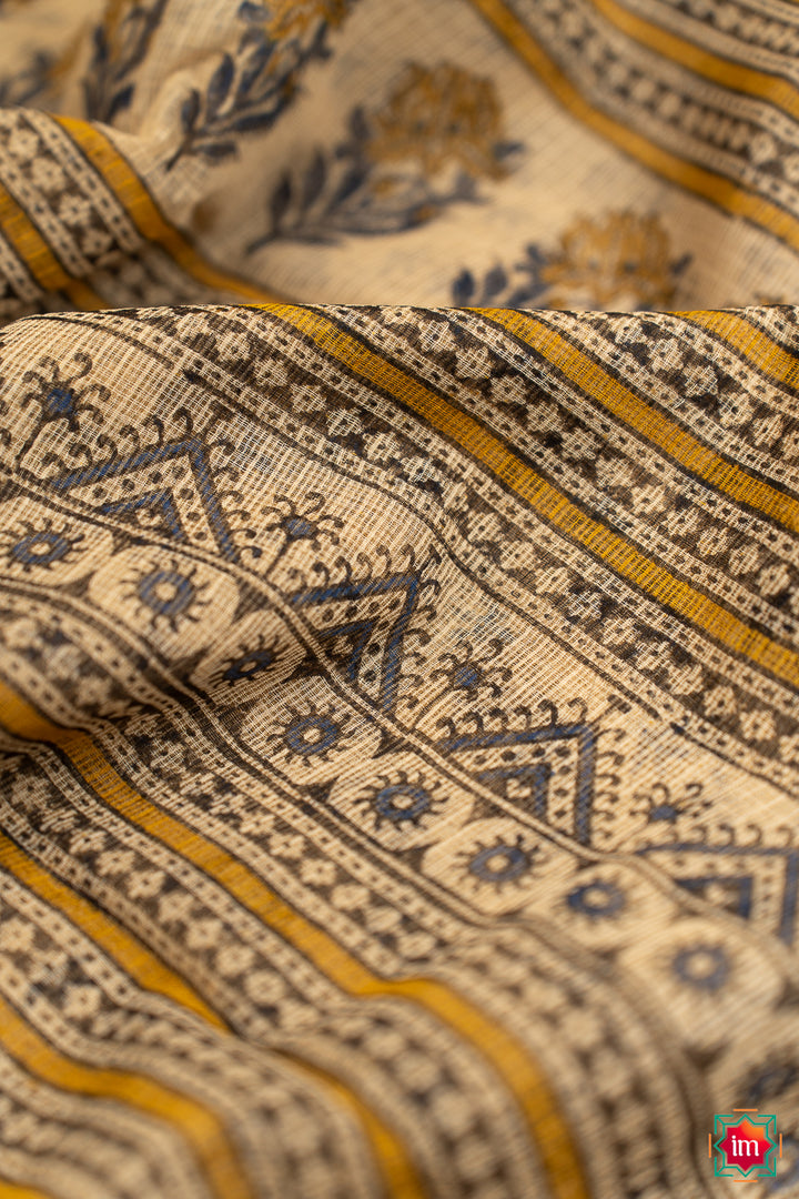 White Blue Floral Handblock Printed Kota Doria Saree Khet-5-The Indian Motif