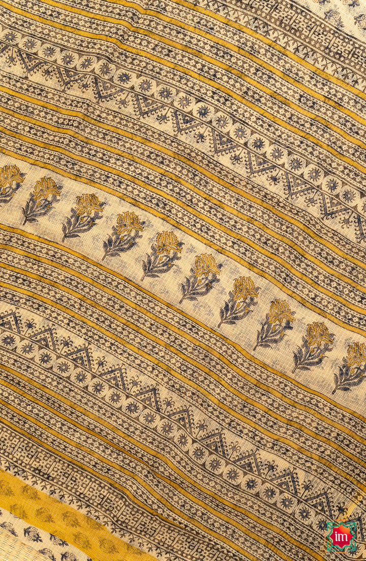 White Blue Floral Handblock Printed Kota Doria Saree Khet-6-The Indian Motif