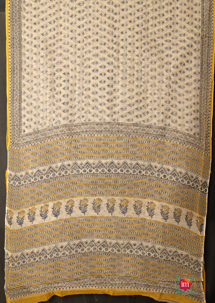 White Blue Floral Handblock Printed Kota Doria Saree Khet-The Indian Motif