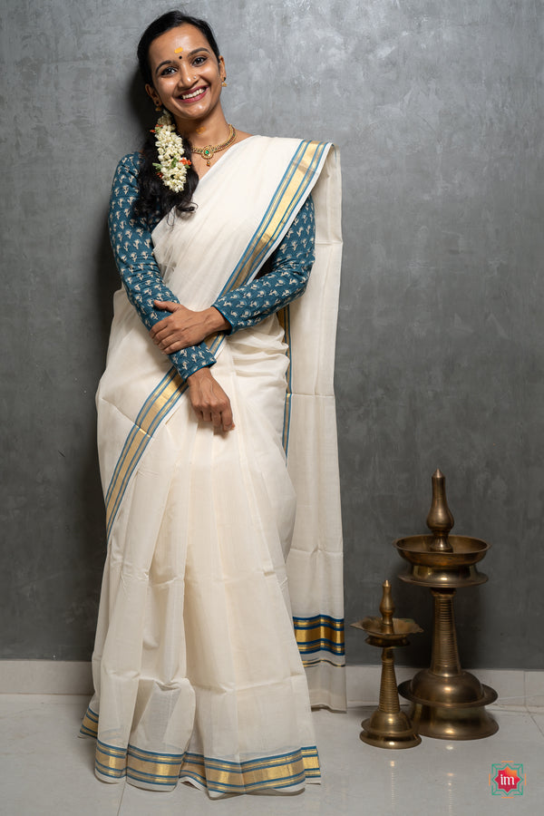 White Kasavu Blue Border Handloom Saree Kanmani-The Indian Motif