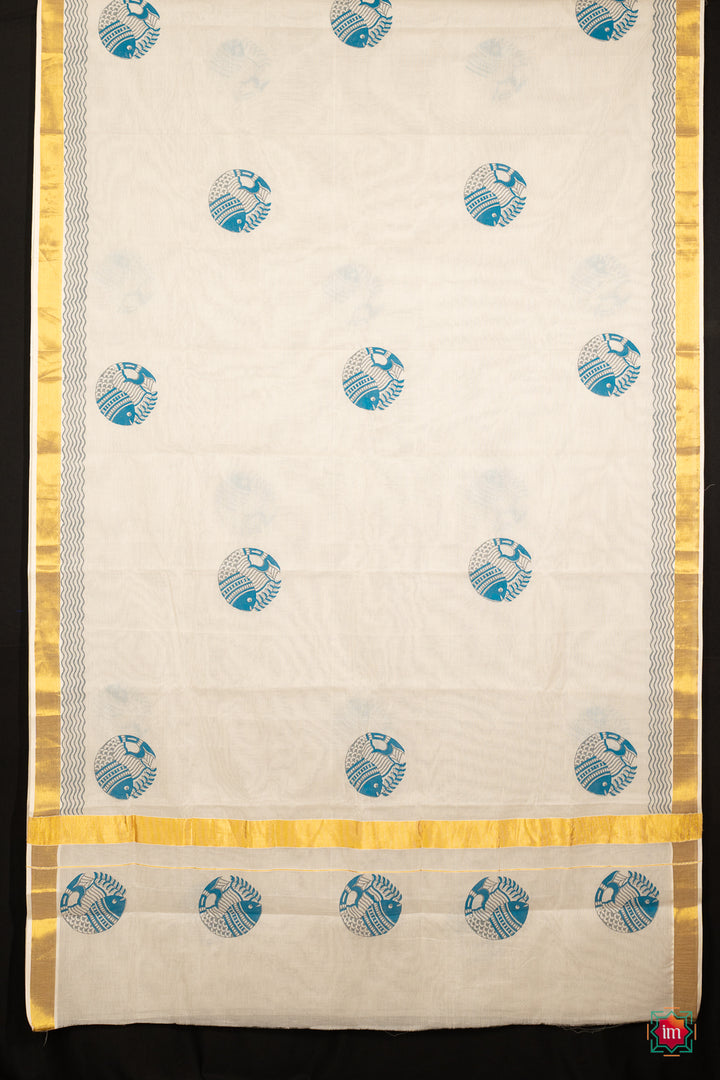White Kasavu Fish Motif Zari Border Jugalbandhi Saree Meen-3-The Indian Motif