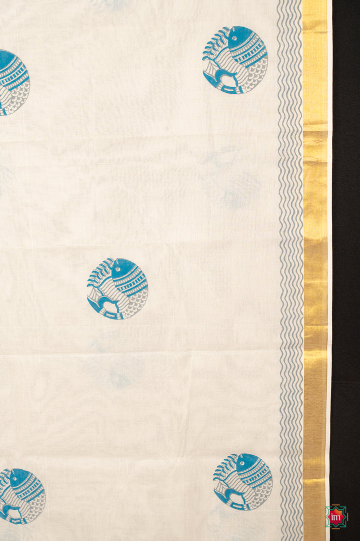 White Kasavu Fish Motif Zari Border Jugalbandhi Saree Meen-4-The Indian Motif