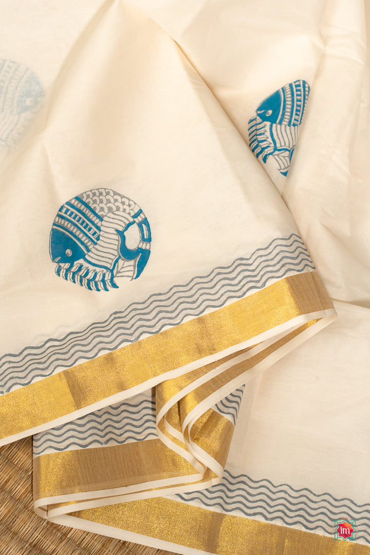 White Kasavu Fish Motif Zari Border Jugalbandhi Saree Meen-6-The Indian Motif