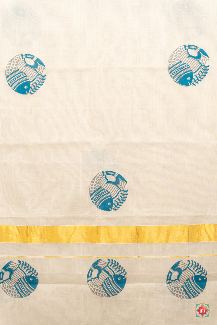White Kasavu Fish Motif Zari Border Jugalbandhi Saree Meen-7-The Indian Motif