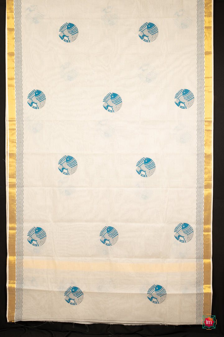 White Kasavu Fish Motif Zari Border Jugalbandhi Saree Meen-8-The Indian Motif