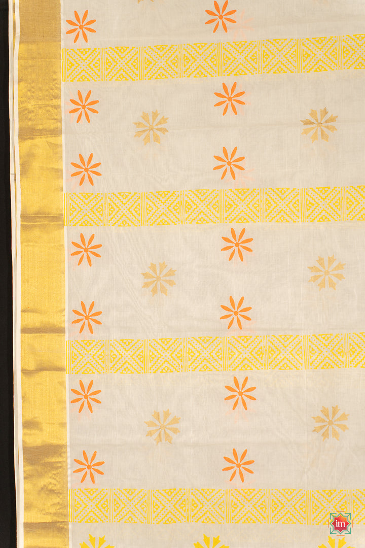 White-Kasavu-Floral-Motif-Zari-Border-Jugalbandhi-Saree-Parijatam-The-Indian-Motif