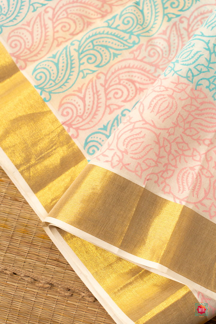 White Kasavu Floral Motif Zari Border Jugalbandhi Saree Poove-1-The Indian Motif
