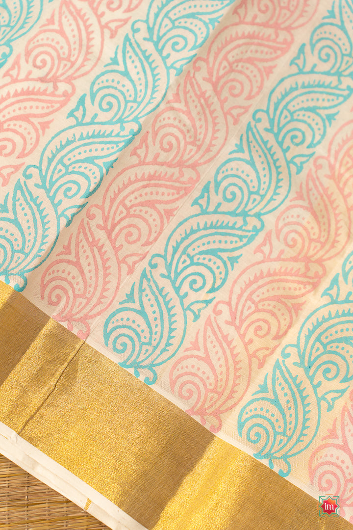 White Kasavu Floral Motif Zari Border Jugalbandhi Saree Poove-2-The Indian Motif