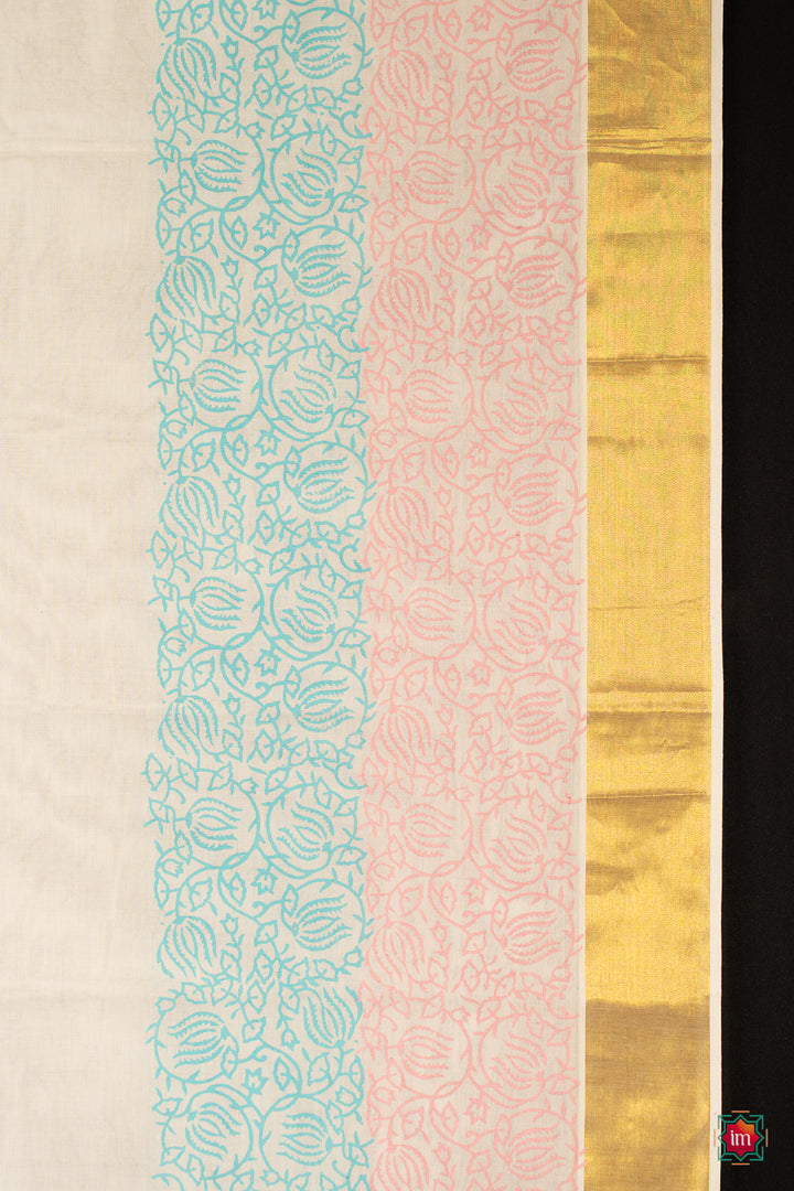 White Kasavu Floral Motif Zari Border Jugalbandhi Saree Poove-3-The Indian Motif