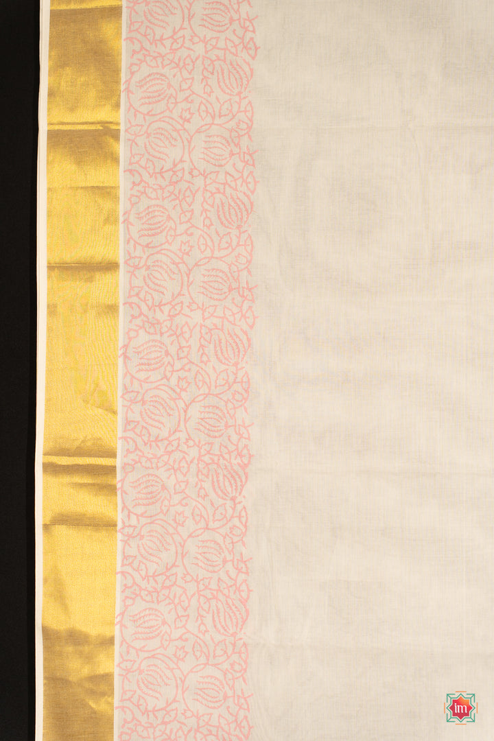 White Kasavu Floral Motif Zari Border Jugalbandhi Saree Poove-4-The Indian Motif
