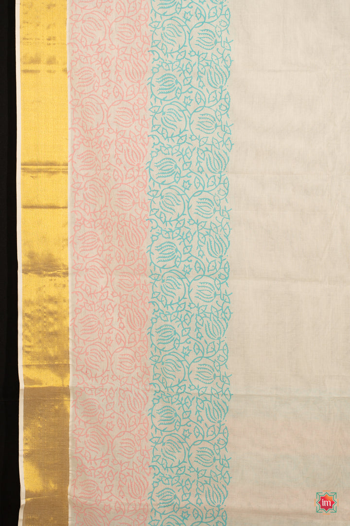 White Kasavu Floral Motif Zari Border Jugalbandhi Saree Poove-5-The Indian Motif
