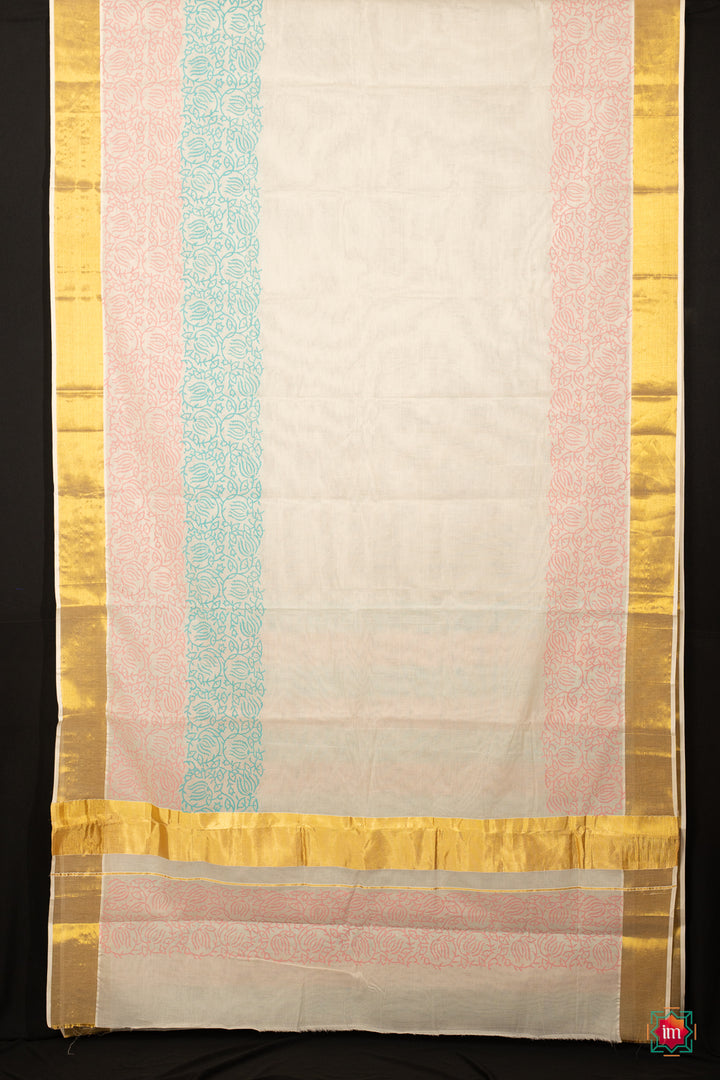 White Kasavu Floral Motif Zari Border Jugalbandhi Saree Poove-The Indian Motif