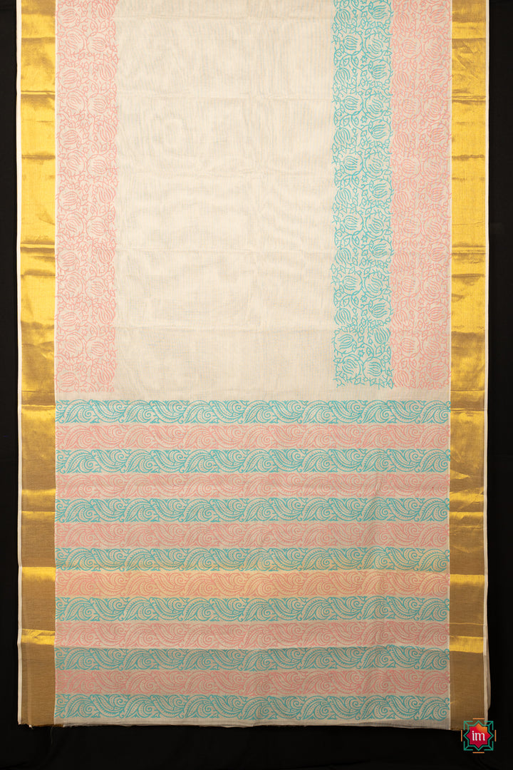 White Kasavu Floral Motif Zari Border Jugalbandhi Saree Poove-The Indian Motif