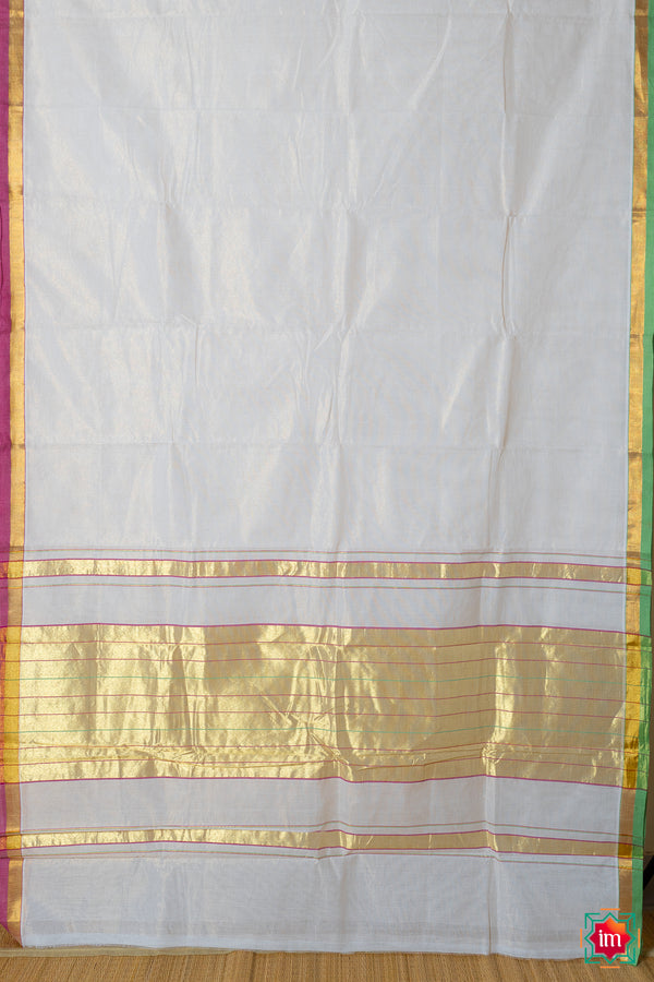 White Kasavu Handloom Cotton Saree Mazhavillu-The Indian Motif