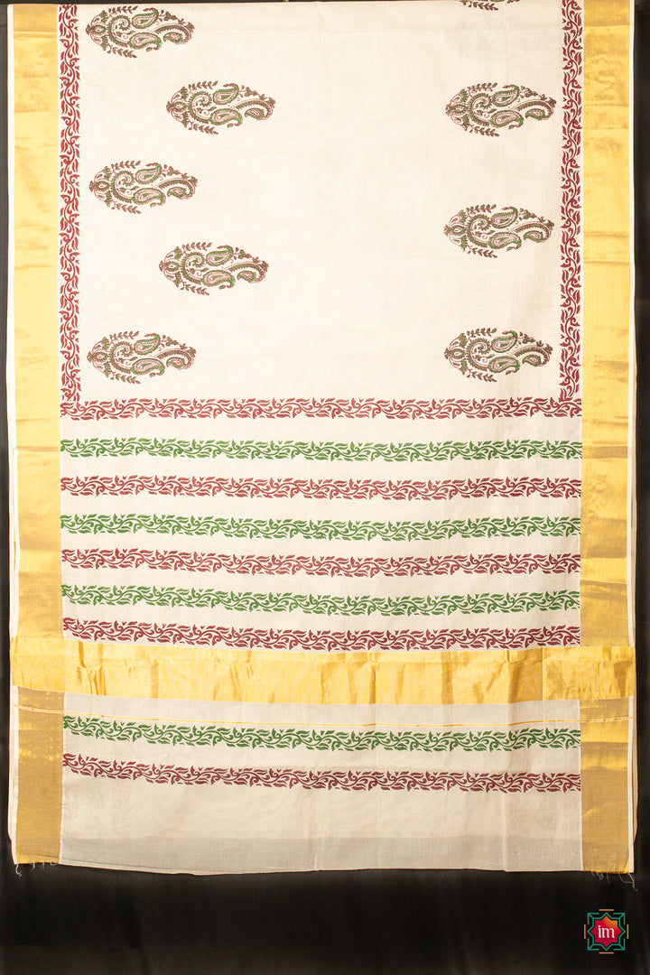 White Kasavu Paisley Motif Zari Border Jugalbandhi Saree Thamburaati-3-The Indian Motif