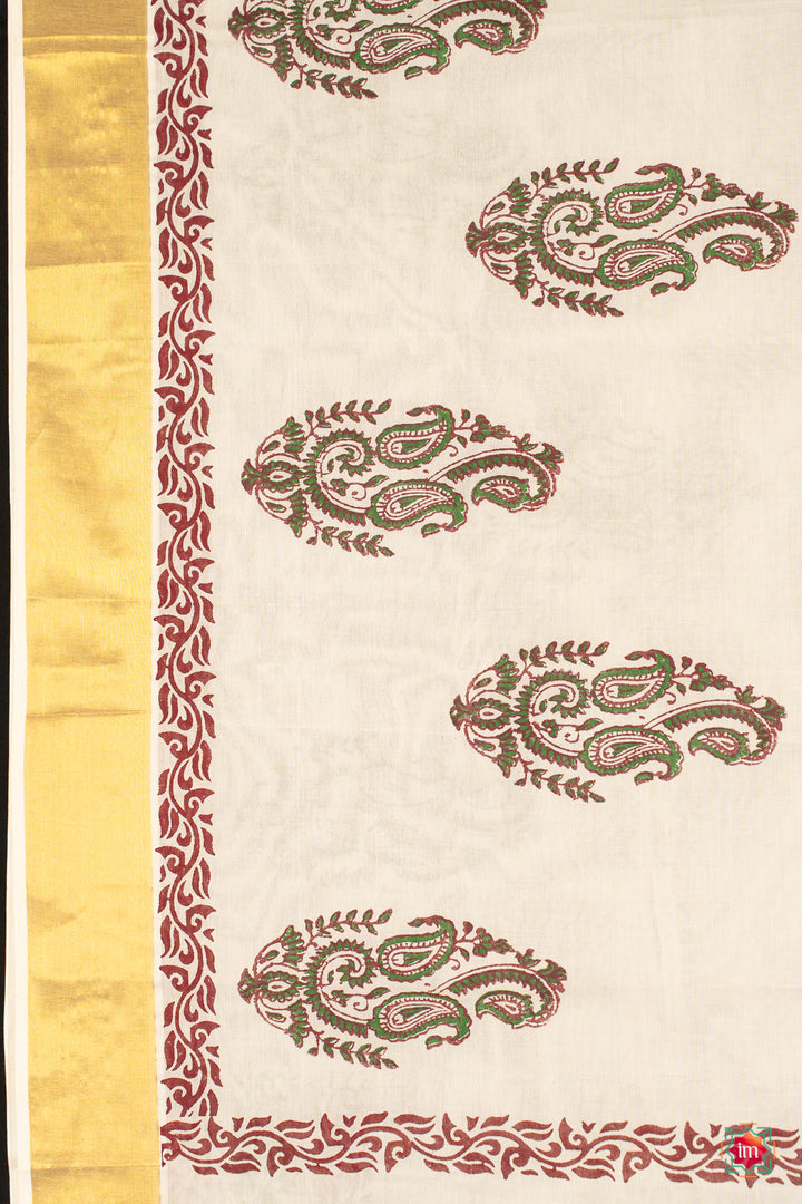 White Kasavu Paisley Motif Zari Border Jugalbandhi Saree Thamburaati-7-The Indian Motif