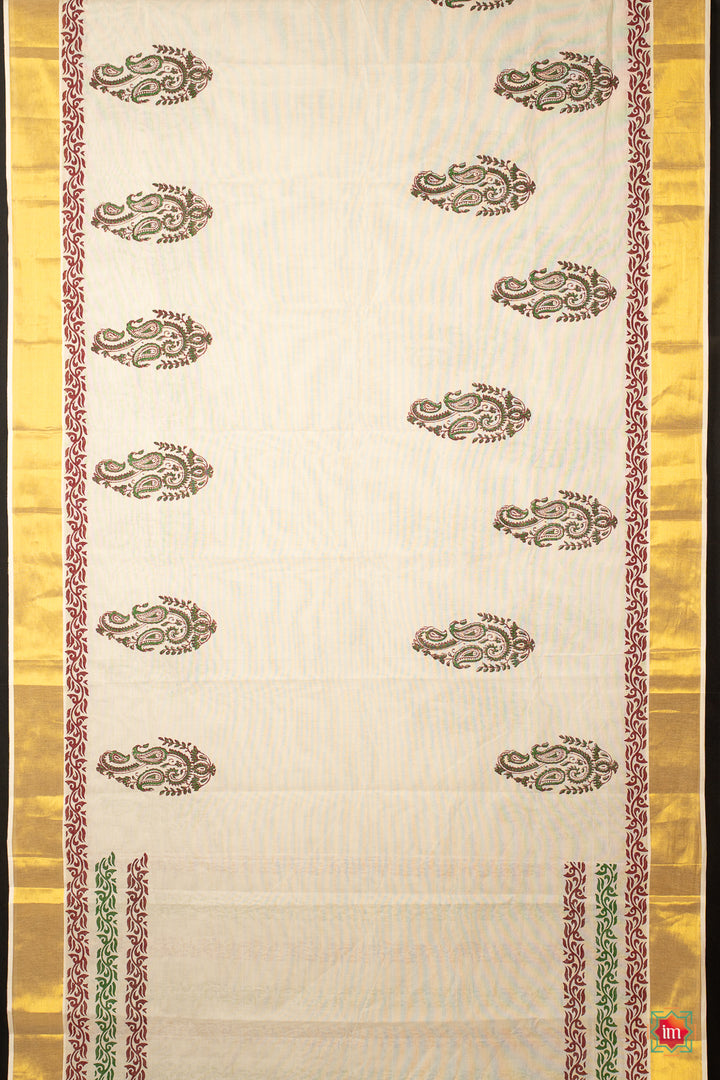 White Kasavu Paisley Motif Zari Border Jugalbandhi Saree Thamburaati-8-The Indian Motif