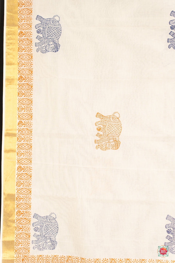 White Kasavu Traditional Motif Zari Border Jugalbandhi Saree Yaanai-11-The Indian Motif