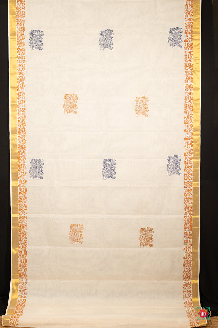 White Kasavu Traditional Motif Zari Border Jugalbandhi Saree Yaanai-13-The Indian Motif
