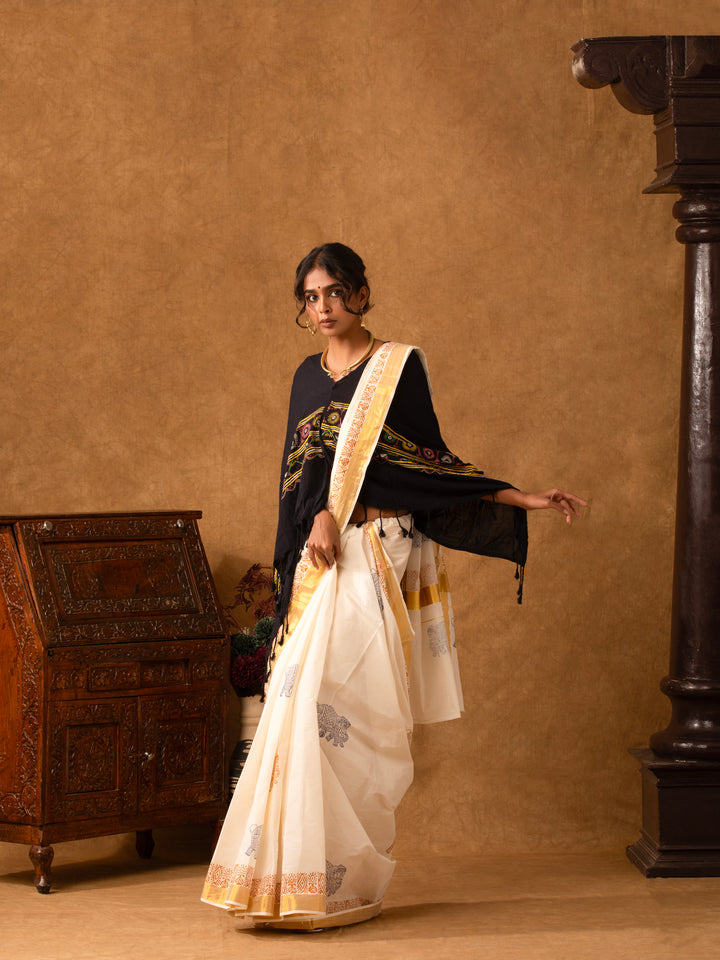 White Kasavu Traditional Motif Zari Border Jugalbandhi Saree Yaanai-2-The Indian Motif