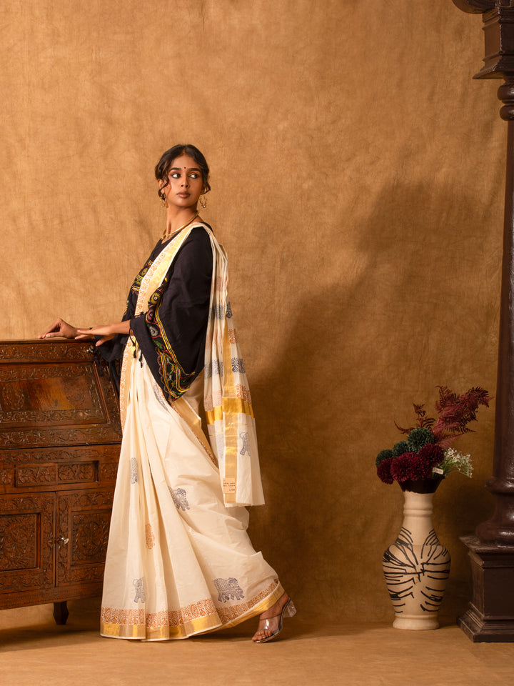 White Kasavu Traditional Motif Zari Border Jugalbandhi Saree Yaanai-3-The Indian Motif