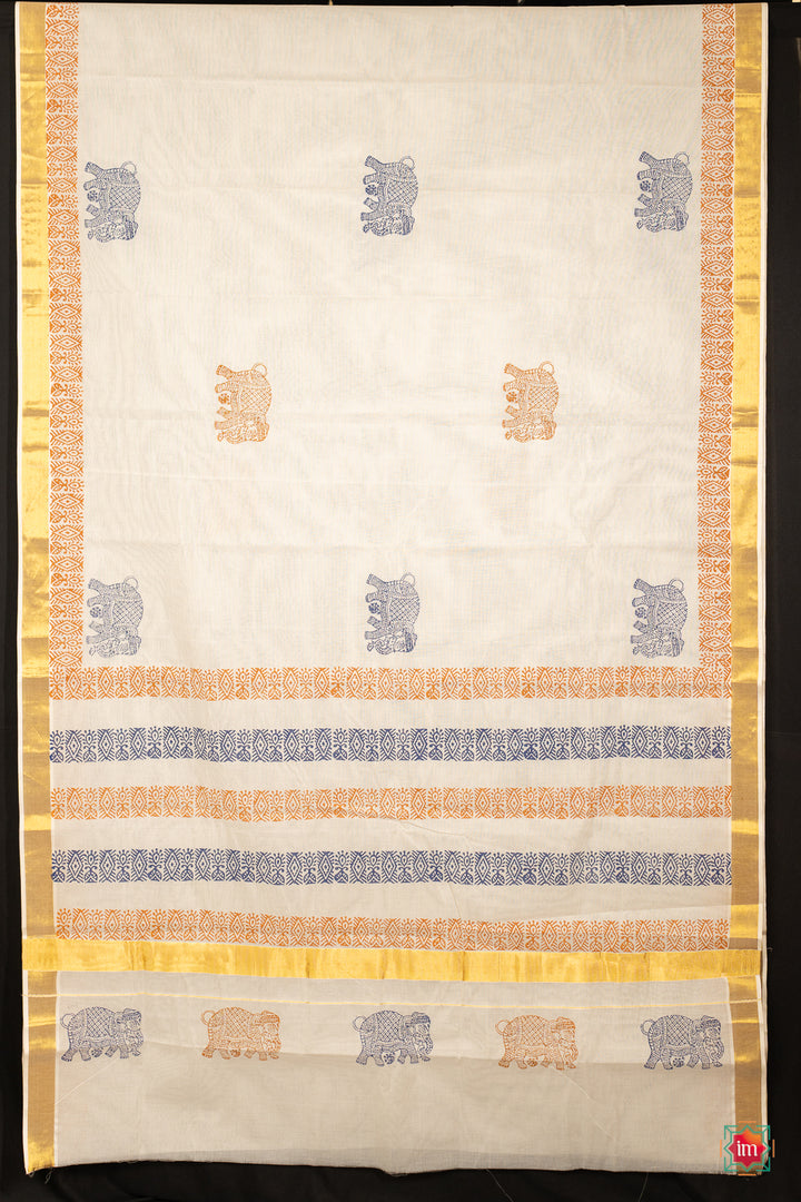White Kasavu Traditional Motif Zari Border Jugalbandhi Saree Yaanai-4-The Indian Motif