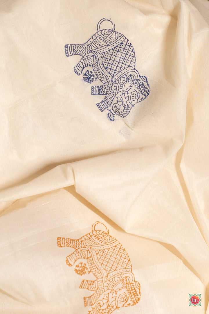 White Kasavu Traditional Motif Zari Border Jugalbandhi Saree Yaanai-7-The Indian Motif
