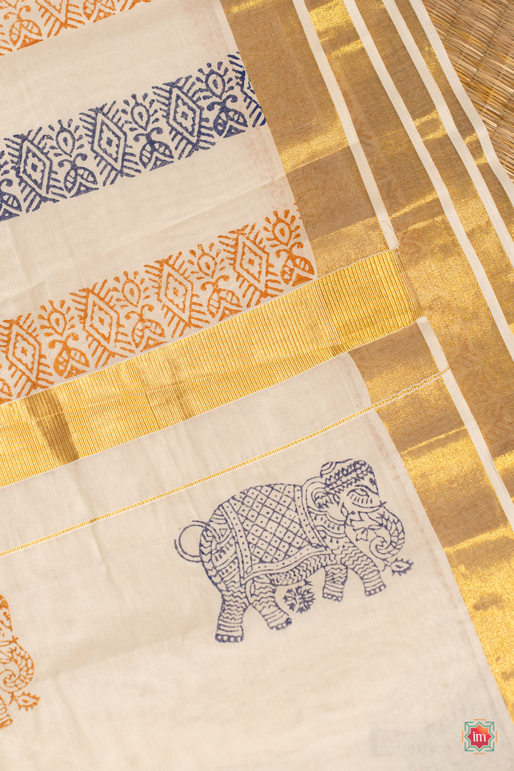 White Kasavu Traditional Motif Zari Border Jugalbandhi Saree Yaanai-8-The Indian Motif