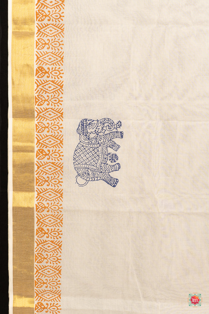 White Kasavu Traditional Motif Zari Border Jugalbandhi Saree Yaanai-9-The Indian Motif