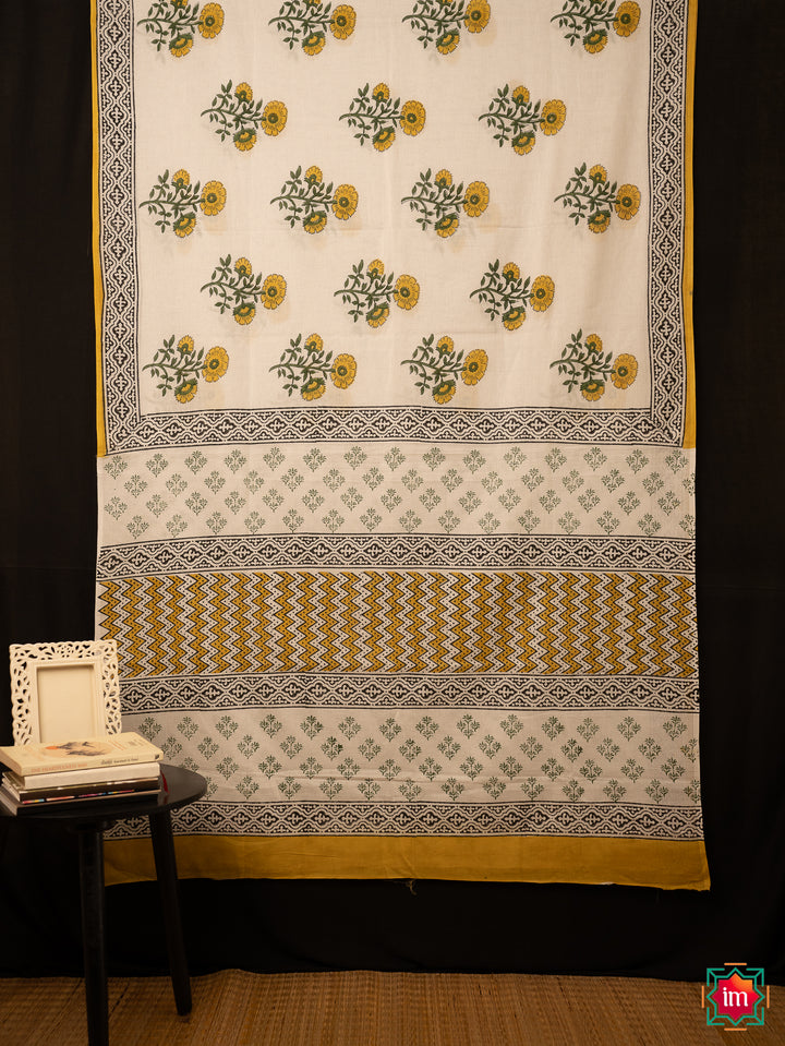 White Mul Bagru Floral Handblock Printed Saree Marigold Magic-The Indian Motif