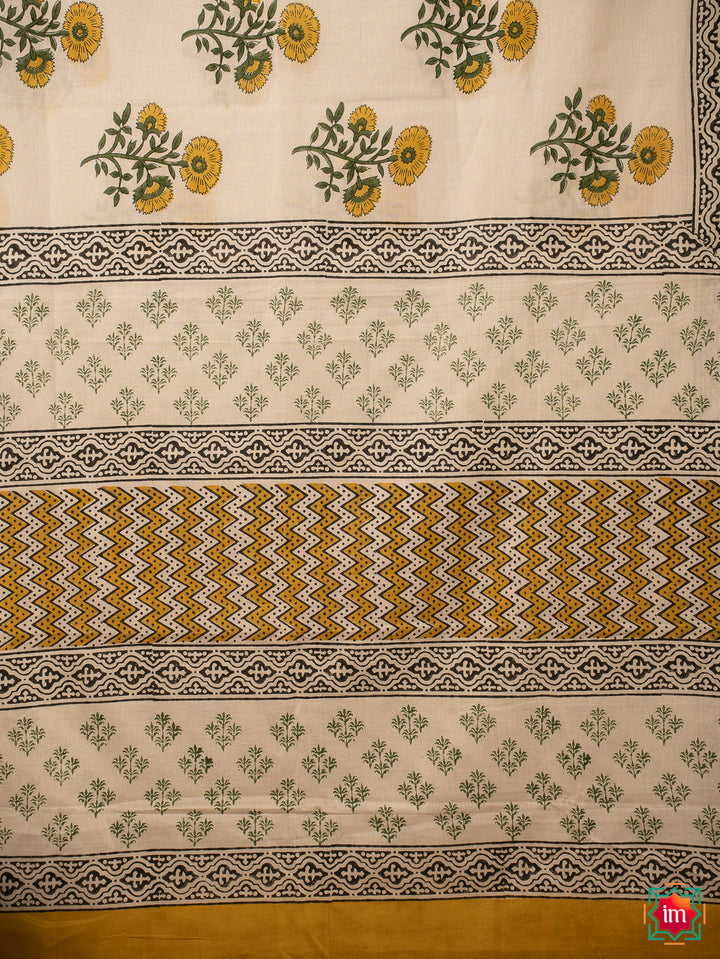 White Mul Bagru Floral Handblock Printed Saree Marigold Magic-1-The Indian Motif