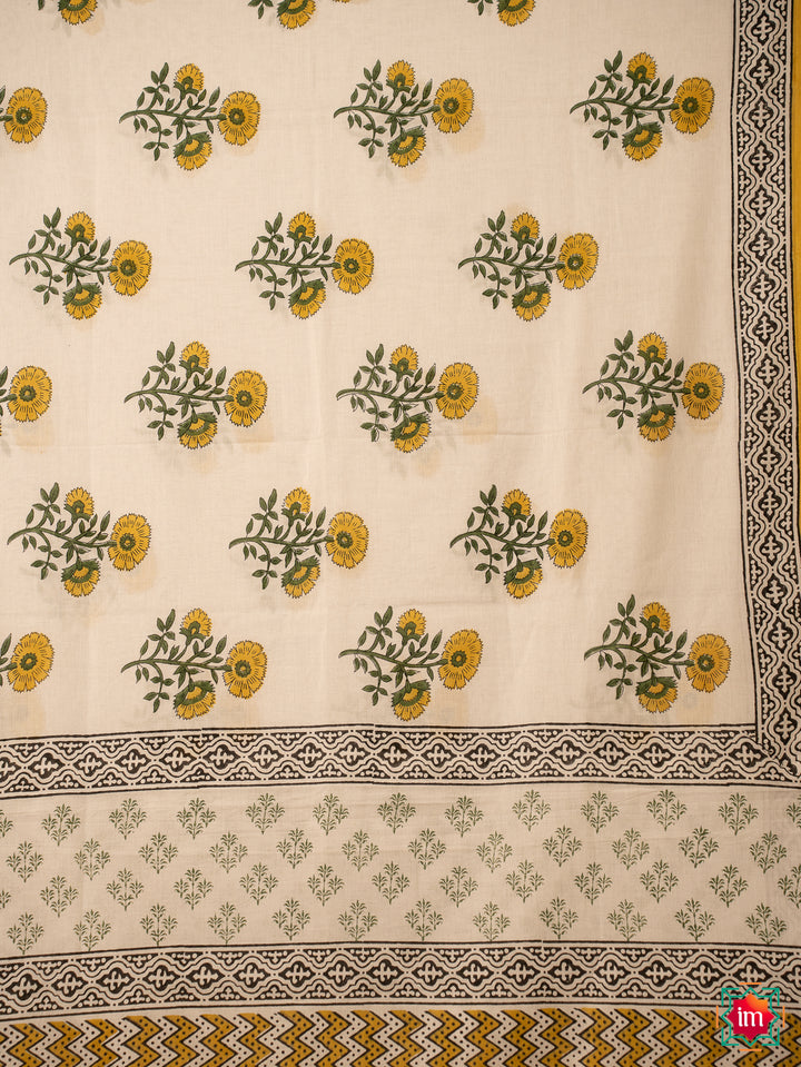 White Mul Bagru Floral Handblock Printed Saree Marigold Magic-2-The Indian Motif