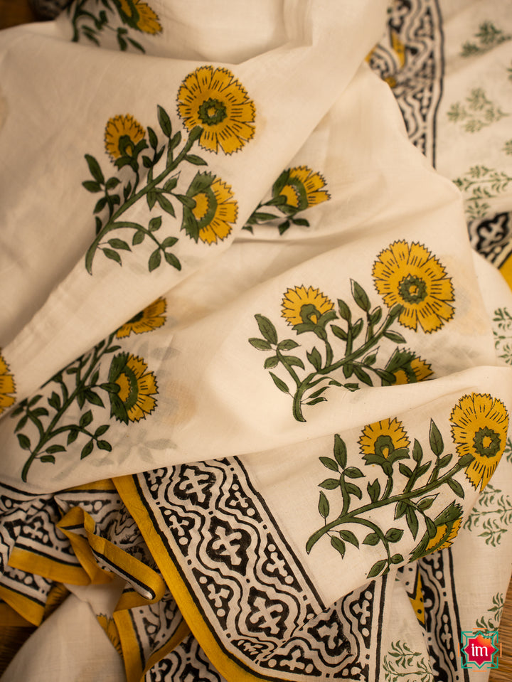 White Mul Bagru Floral Handblock Printed Saree Marigold Magic-3-The Indian Motif