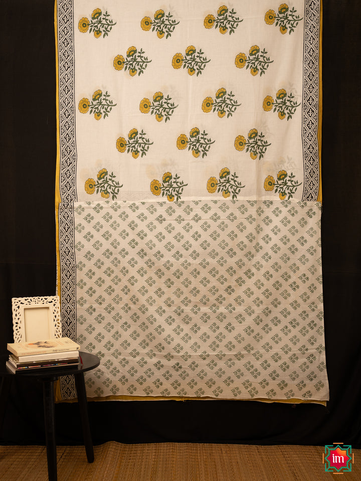 White Mul Bagru Floral Handblock Printed Saree Marigold Magic-4-The Indian Motif