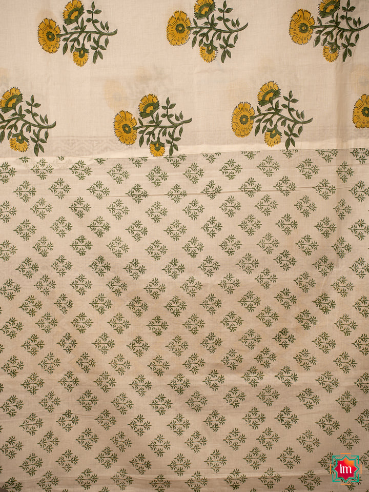White Mul Bagru Floral Handblock Printed Saree Marigold Magic-5-The Indian Motif