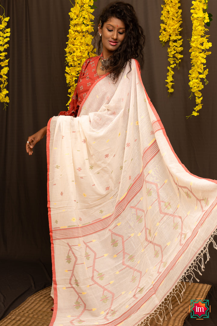 White Mul Cotton Bengal Jamdhani Saree Moushumi-2-The Indian Motif