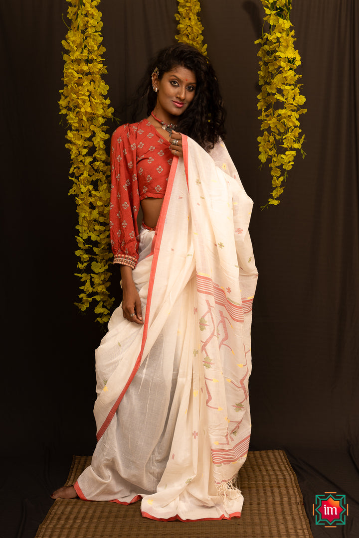 White Mul Cotton Bengal Jamdhani Saree Moushumi-1-The Indian Motif