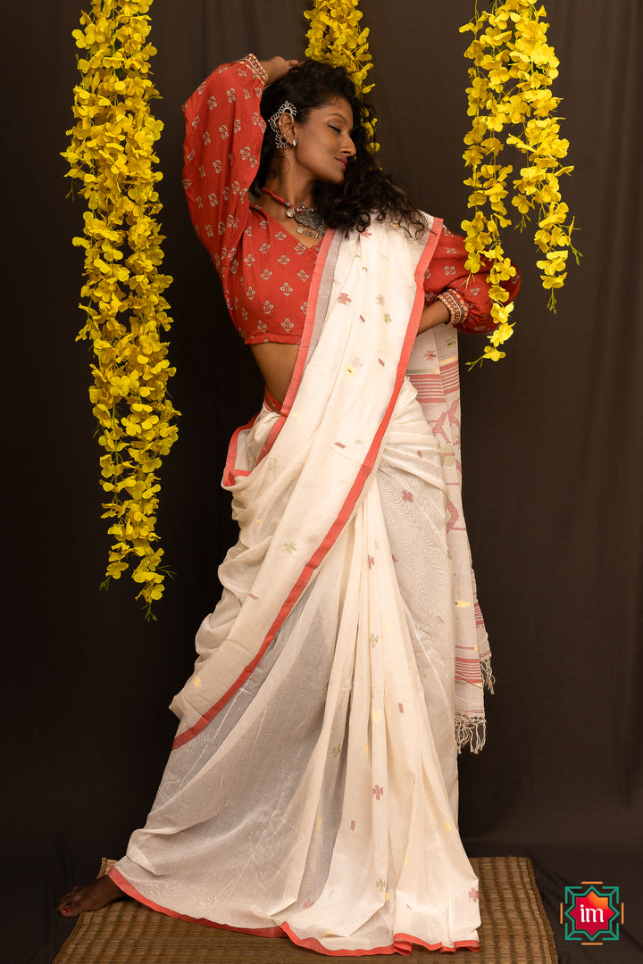 White Mul Cotton Bengal Jamdhani Saree Moushumi-5-The Indian Motif