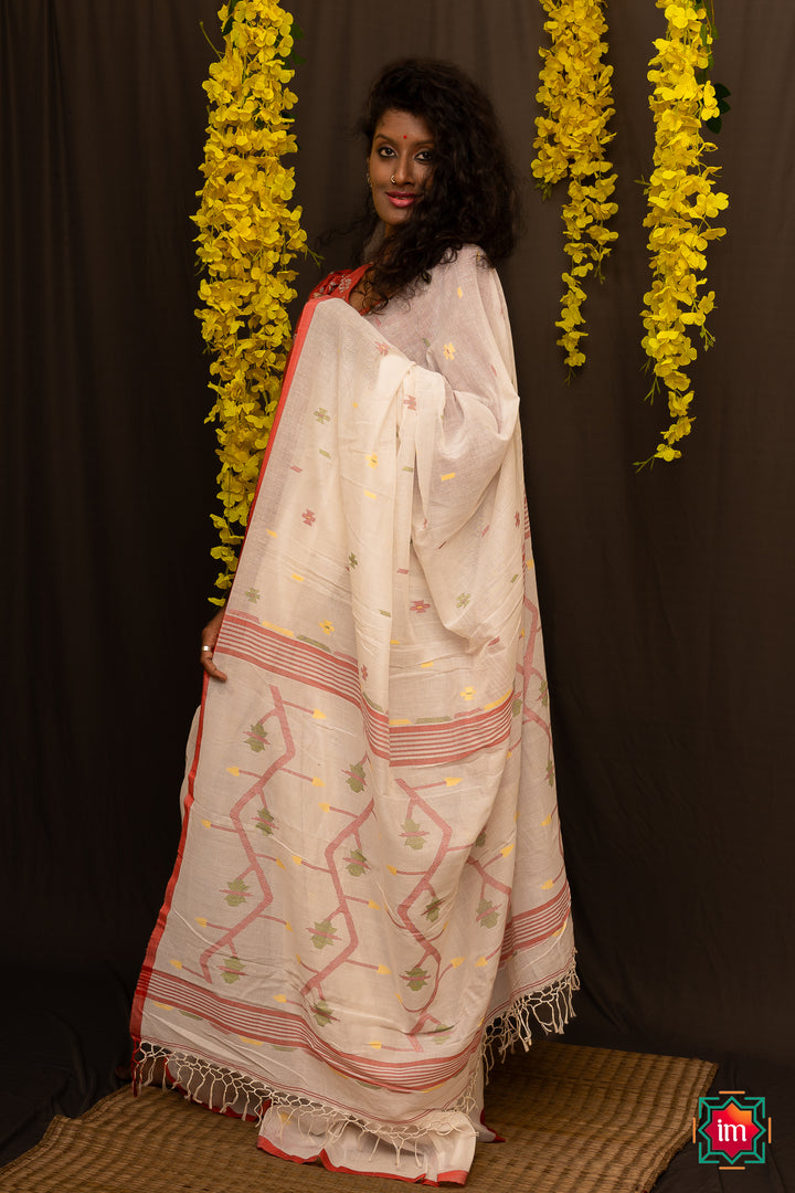 White Mul Cotton Bengal Jamdhani Saree Moushumi-6-The Indian Motif
