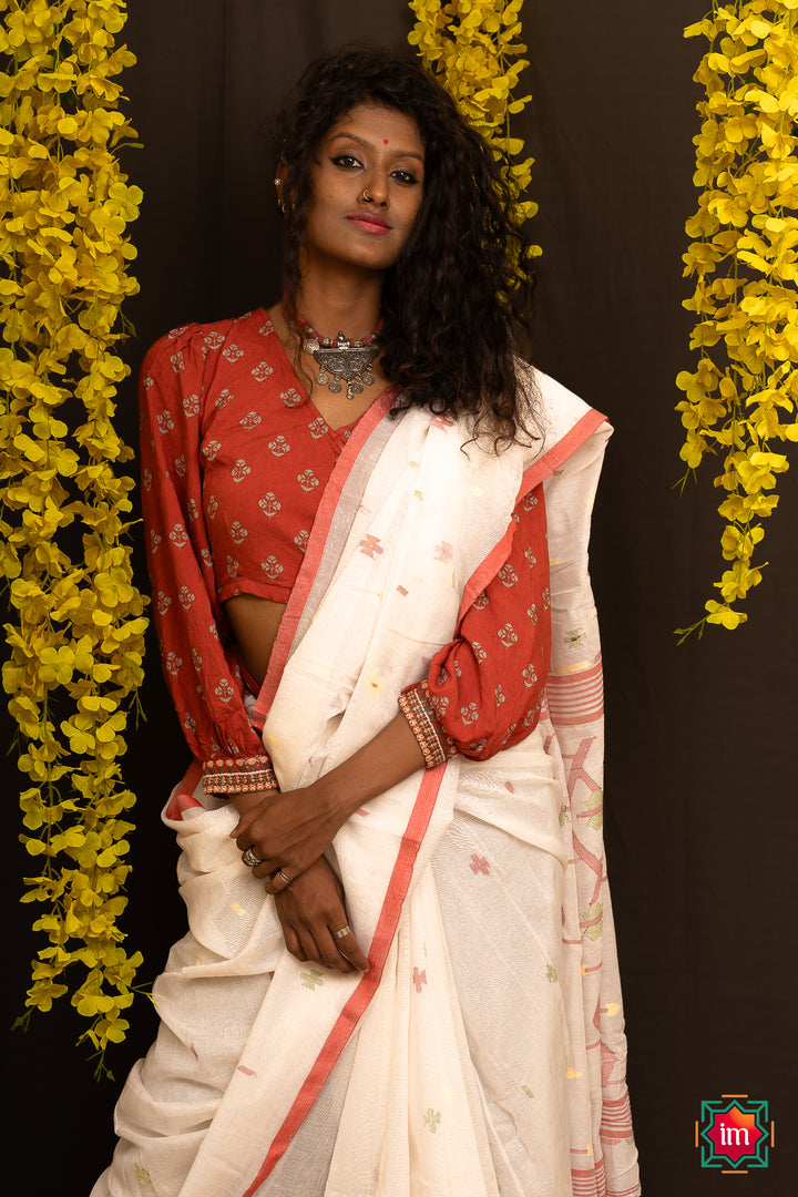 White Mul Cotton Bengal Jamdhani Saree Moushumi-The Indian Motif
